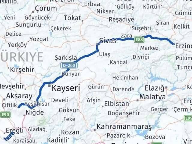 Niğde Çiftlik Erzincan Arası Kaç Km - Yol Haritası