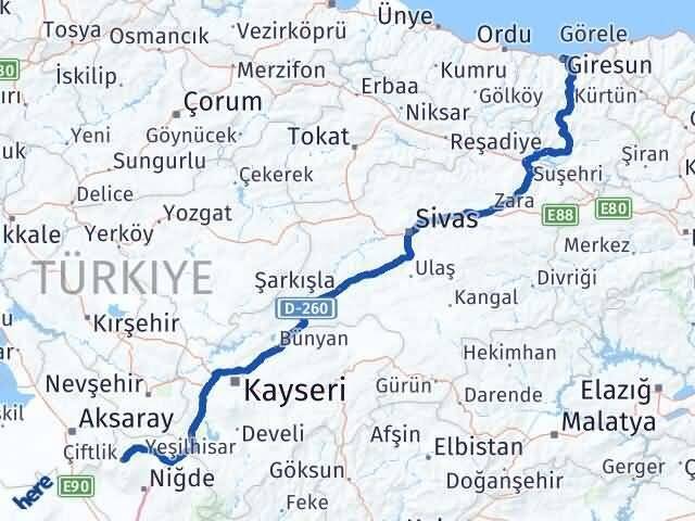 Niğde Çiftlik Giresun Arası Kaç Km - Yol Haritası