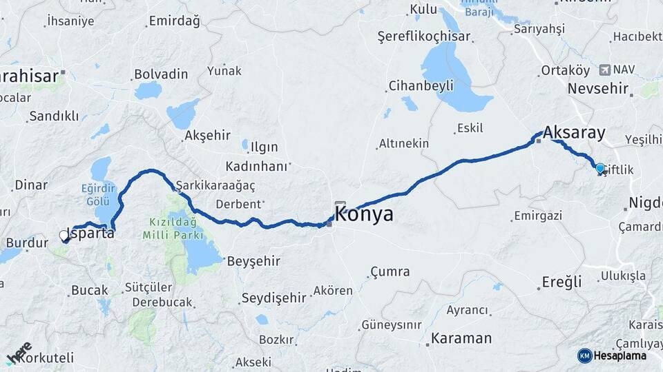 Niğde Çiftlik Isparta Arası Kaç Km - Yol Haritası