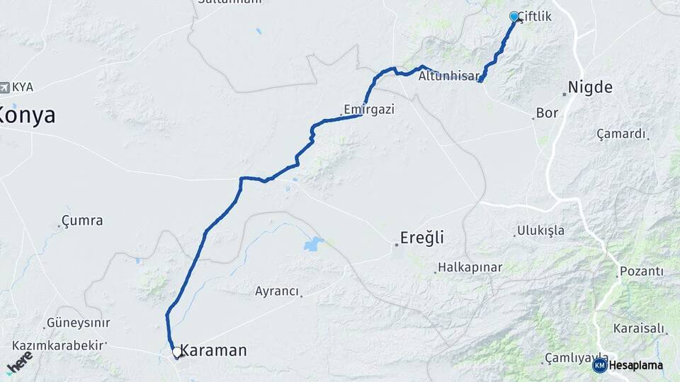 Niğde Çiftlik Karaman Arası Kaç Km - Yol Haritası