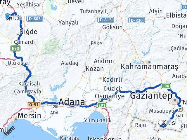 Niğde Çiftlik Kilis Arası Kaç Km - Yol Haritası
