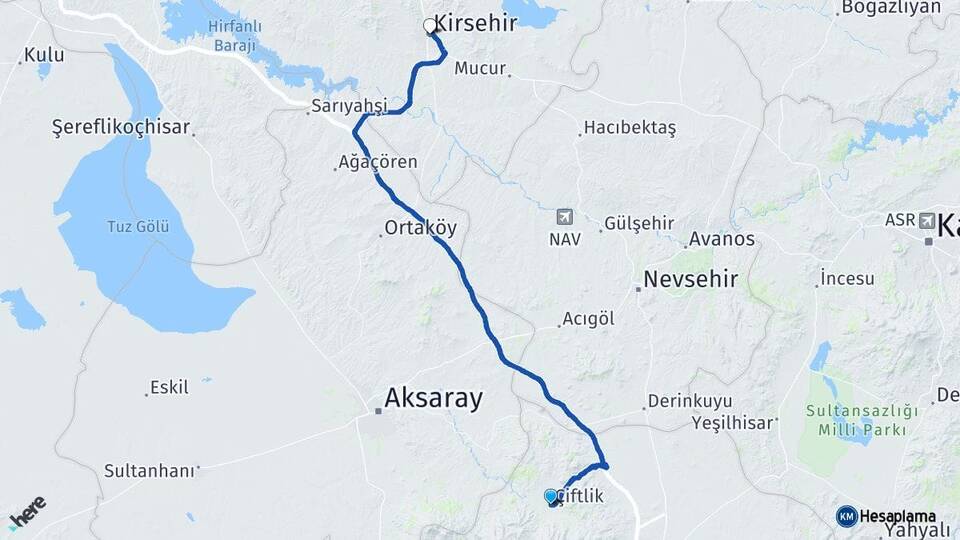 Niğde Çiftlik Kırşehir Arası Kaç Km - Yol Haritası
