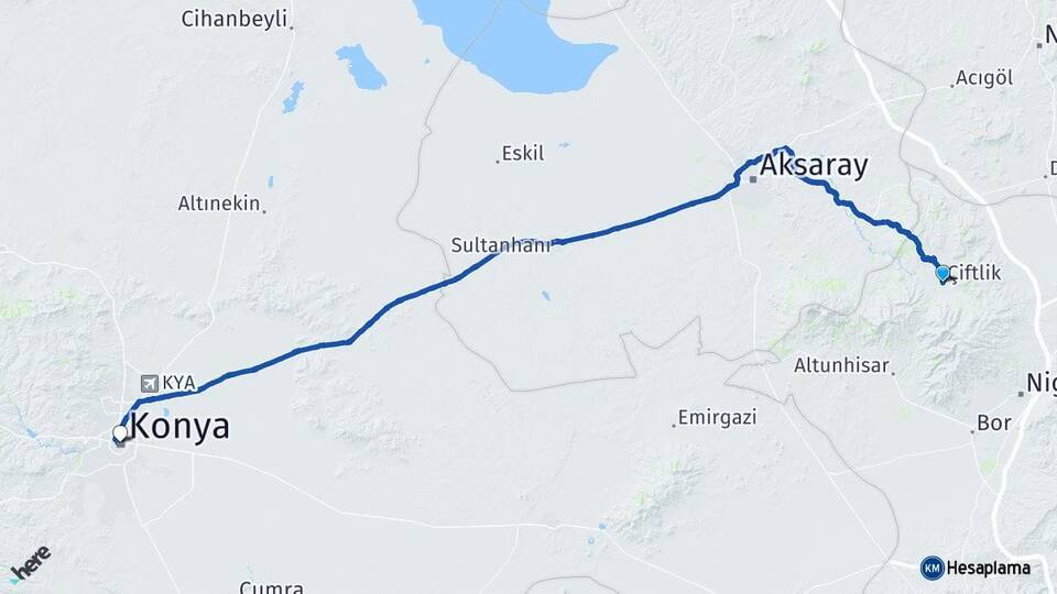 Niğde Çiftlik Konya Arası Kaç Km - Yol Haritası