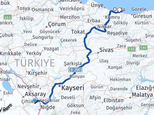 Niğde Çiftlik Ordu Arası Kaç Km - Yol Haritası