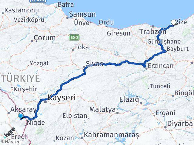 Niğde Çiftlik Rize Arası Kaç Km - Yol Haritası