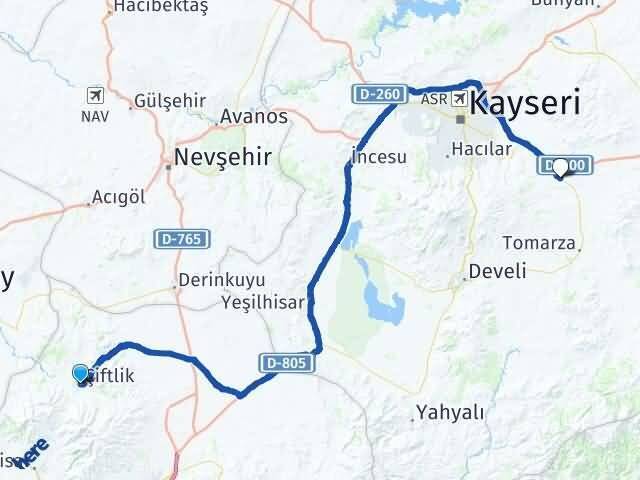 Niğde Çiftlik Sakaltutan Talas Kayseri Arası Kaç Km - Yol Haritası