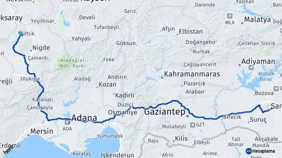 Niğde Çiftlik Şanlıurfa Arası Kaç Km - Yol Haritası