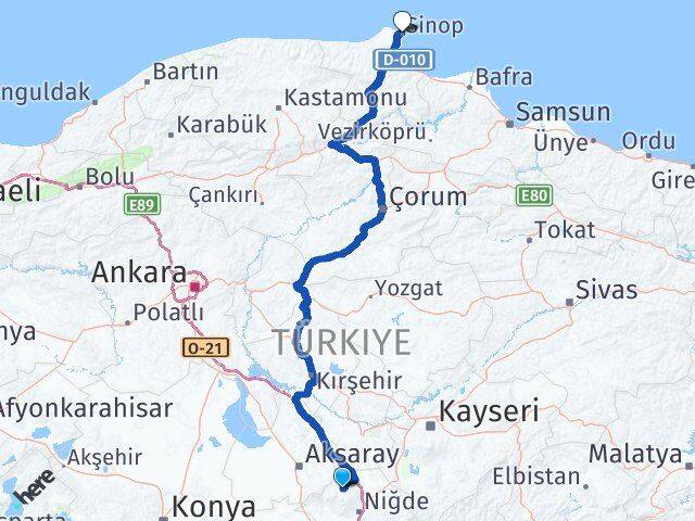 Niğde Çiftlik Sinop Arası Kaç Km - Yol Haritası