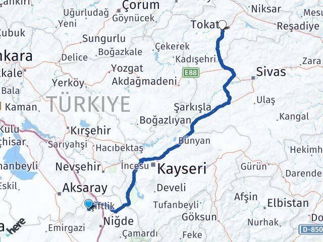 Niğde Çiftlik Tokat Arası Kaç Km - Yol Haritası