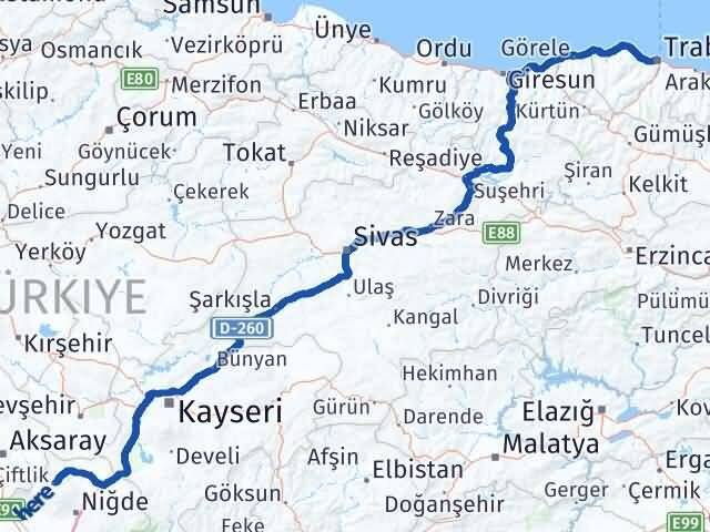 Niğde Çiftlik Trabzon Arası Kaç Km - Yol Haritası