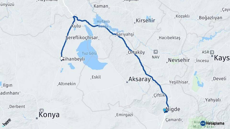 Niğde Cihanbeyli Konya Arası Kaç Km - Yol Haritası