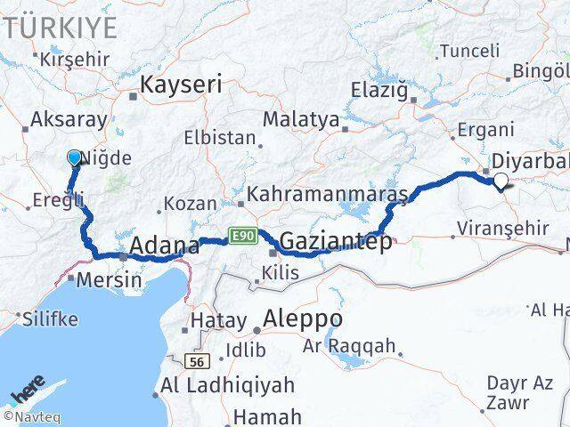 Niğde Çınar Diyarbakır Arası Kaç Km - Yol Haritası