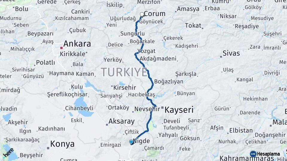 Niğde Çorum Arası Kaç Km - Yol Haritası