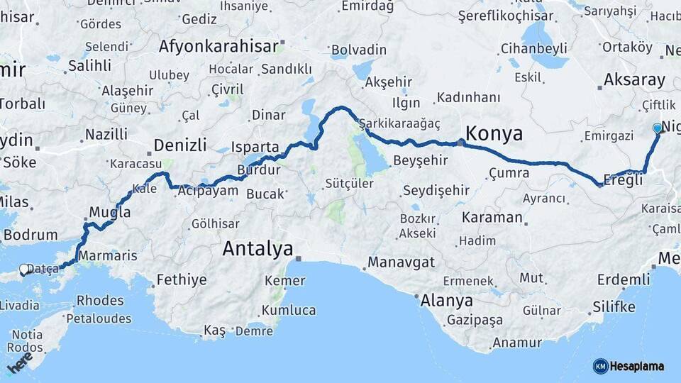 Niğde Datça Muğla Arası Kaç Km - Yol Haritası