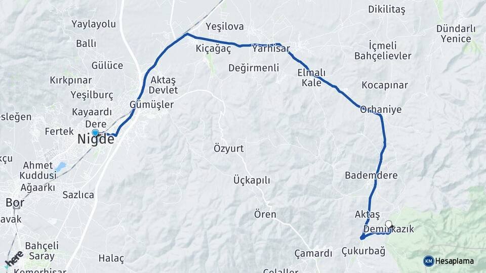 Niğde Demirkazık Çamardı Arası Kaç Km - Yol Haritası