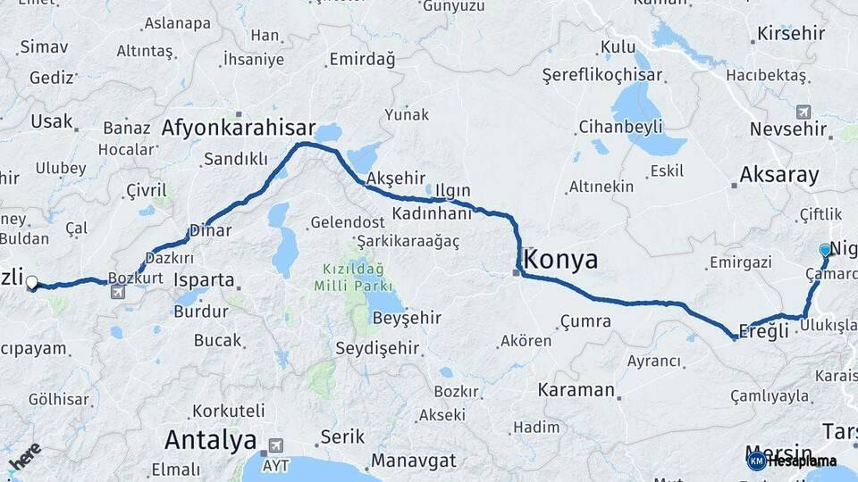Niğde Denizli Arası Kaç Km - Yol Haritası