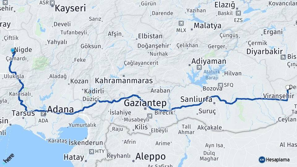 Niğde Derik Mardin Arası Kaç Km - Yol Haritası