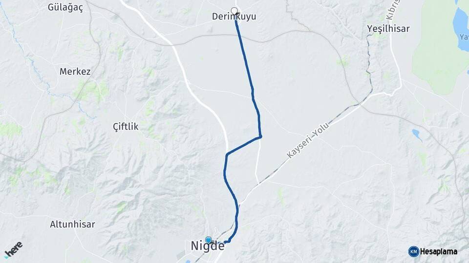 Niğde Derinkuyu Nevşehir Arası Kaç Km - Yol Haritası