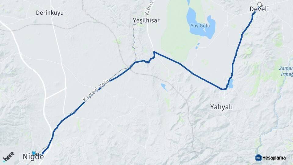 Niğde Develi Kayseri Arası Kaç Km - Yol Haritası