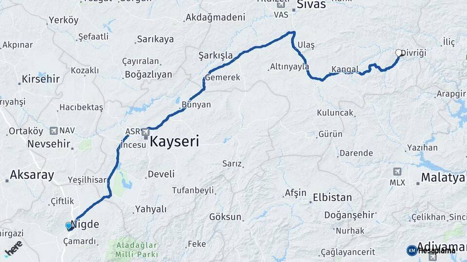 Niğde Divriği Sivas Arası Kaç Km - Yol Haritası