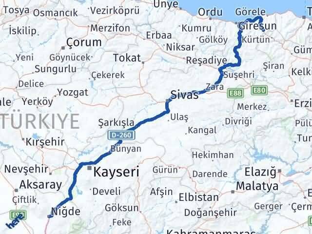 Niğde Doğankent Giresun Arası Kaç Km - Yol Haritası