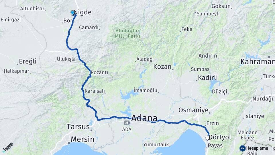Niğde Dörtyol Hatay Arası Kaç Km - Yol Haritası