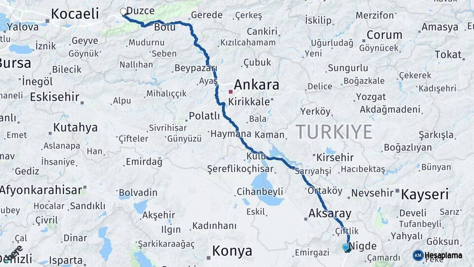 Niğde Düzce Arası Kaç Km - Yol Haritası