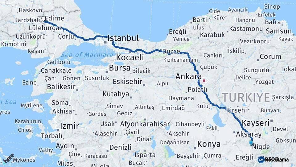 Niğde Edirne Arası Kaç Km - Yol Haritası