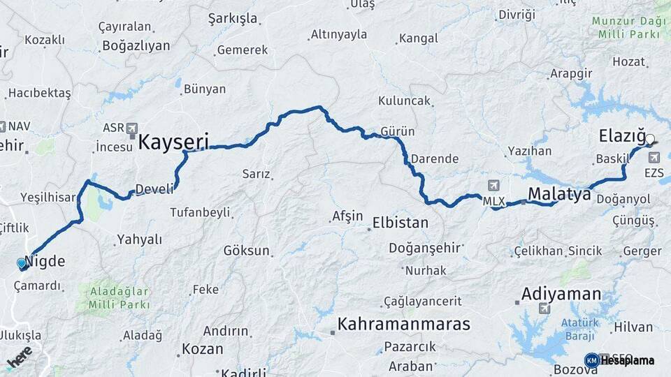 Niğde Elazığ Arası Kaç Km - Yol Haritası