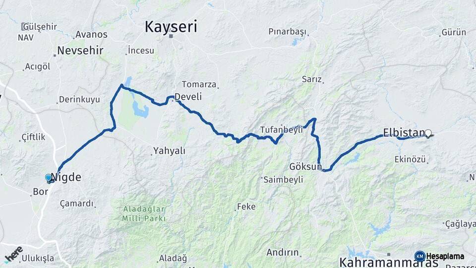 Niğde Elbistan Kahramanmaraş Arası Kaç Km - Yol Haritası