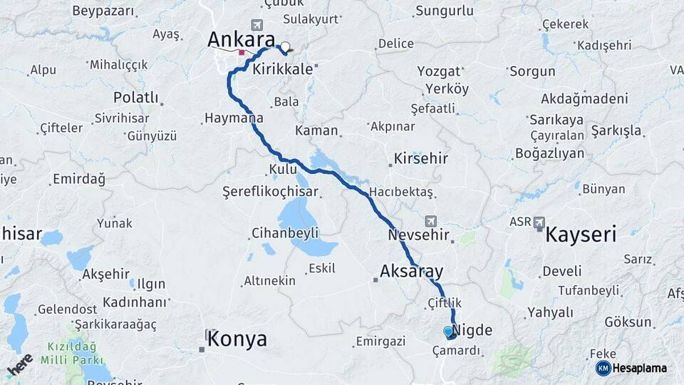 Niğde Elmadağ Ankara Arası Kaç Km - Yol Haritası
