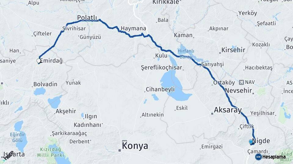 Niğde Emirdağ Afyonkarahisar Arası Kaç Km - Yol Haritası