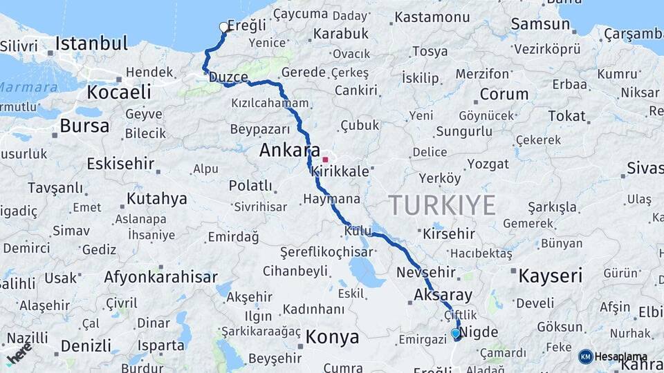 Niğde Ereğli Zonguldak Arası Kaç Km - Yol Haritası