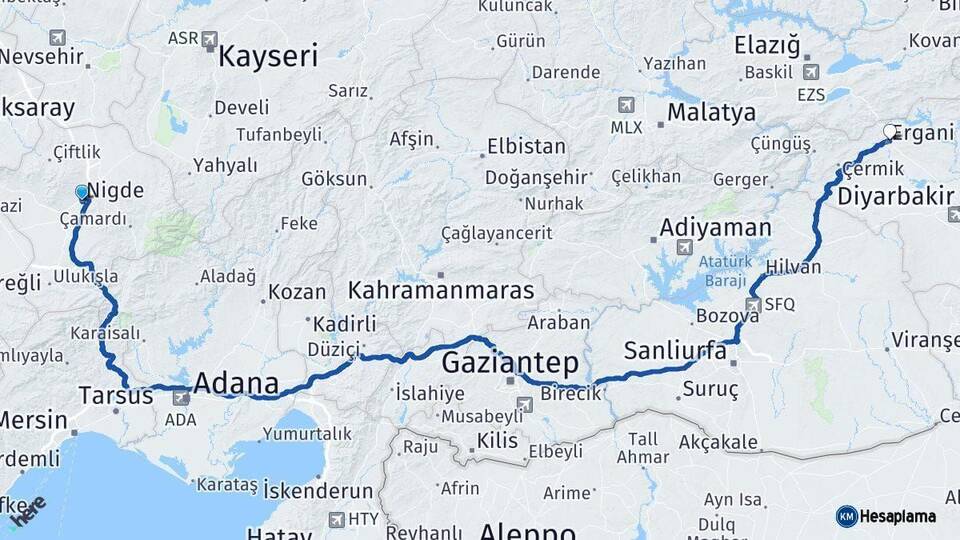 Niğde Ergani Diyarbakır Arası Kaç Km - Yol Haritası