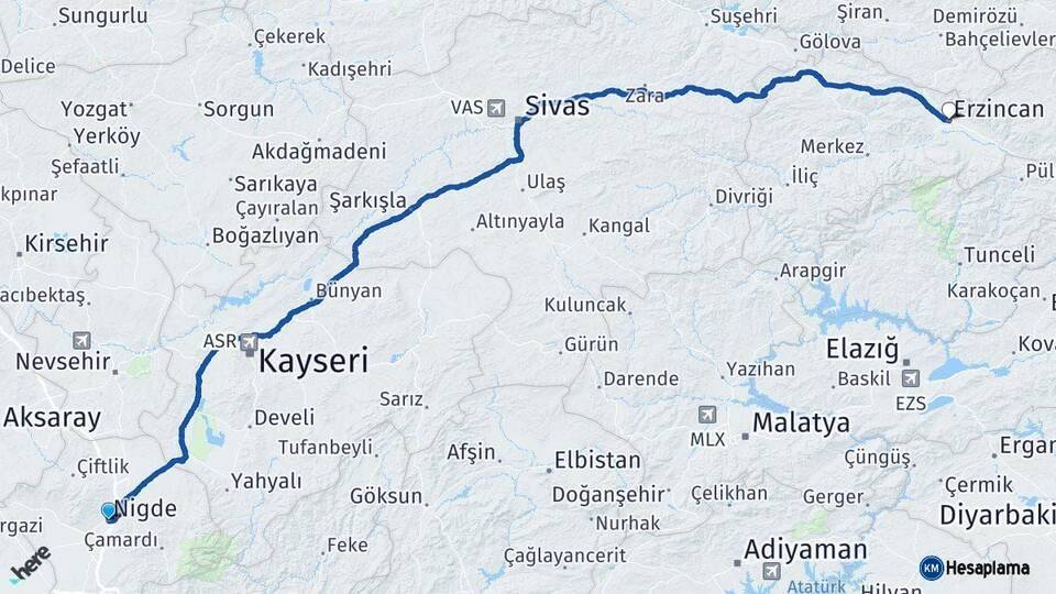 Niğde Erzincan Arası Kaç Km - Yol Haritası