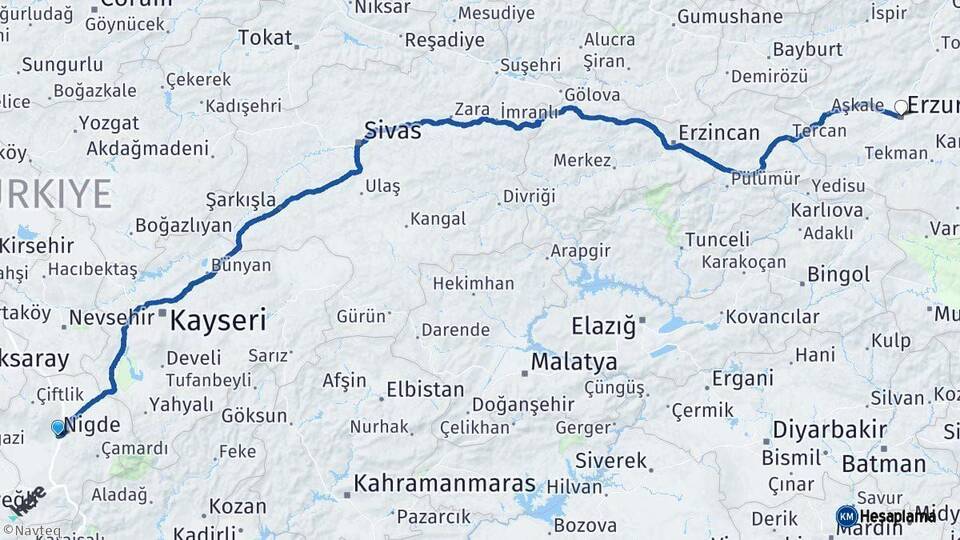 Niğde Erzurum Arası Kaç Km - Yol Haritası