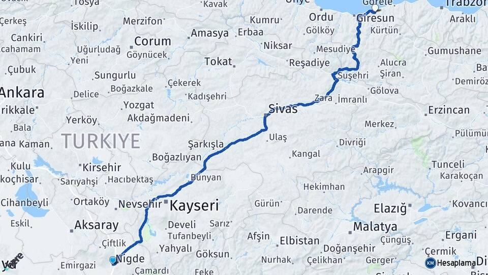 Niğde Espiye Giresun Arası Kaç Km - Yol Haritası