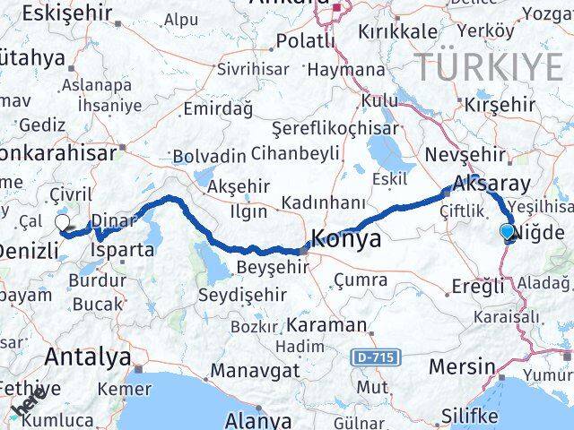 Niğde Evciler Afyonkarahisar Arası Kaç Km - Yol Haritası