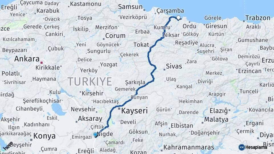 Niğde Fatsa Ordu Arası Kaç Km - Yol Haritası