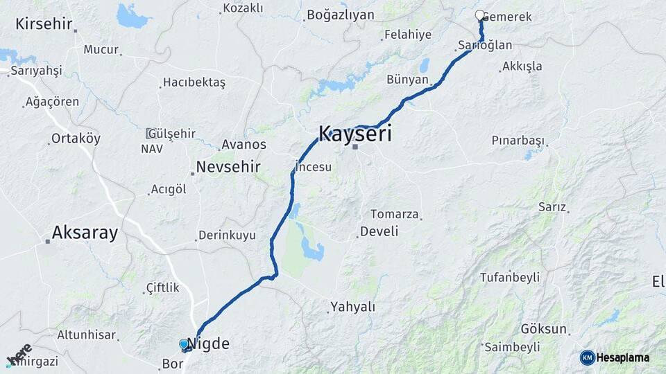 Niğde Gemerek Sivas Arası Kaç Km - Yol Haritası