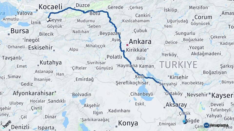 Niğde Geyve Sakarya Arası Kaç Km - Yol Haritası