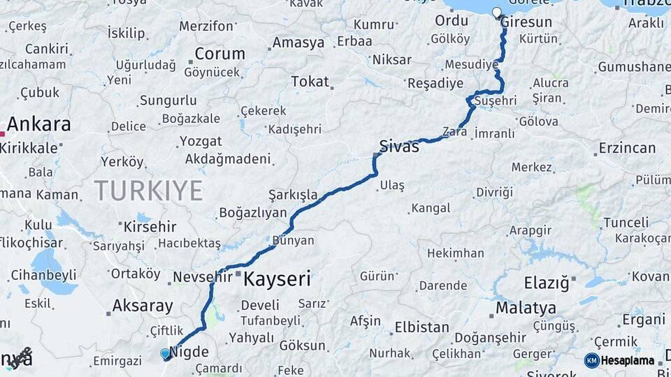 Niğde Giresun Arası Kaç Km - Yol Haritası