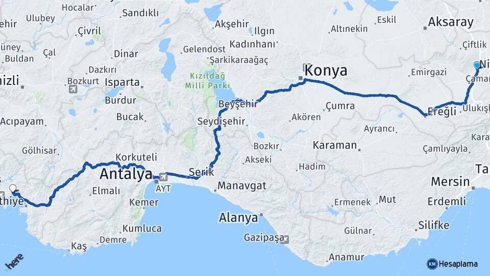 Niğde Göcek Fethiye Muğla Arası Kaç Km - Yol Haritası