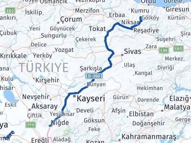 Niğde Gölköy Ordu Arası Kaç Km - Yol Haritası