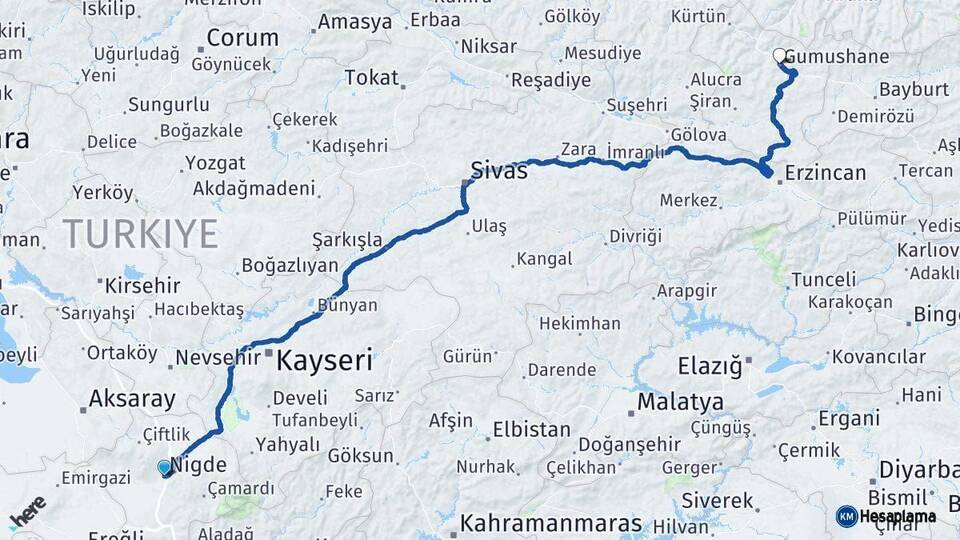 Niğde Gümüşhane Arası Kaç Km - Yol Haritası