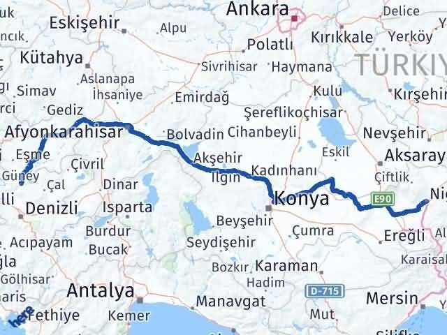 Niğde Güney Denizli Arası Kaç Km - Yol Haritası