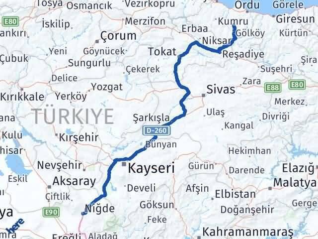 Niğde Gürgentepe Ordu Arası Kaç Km - Yol Haritası