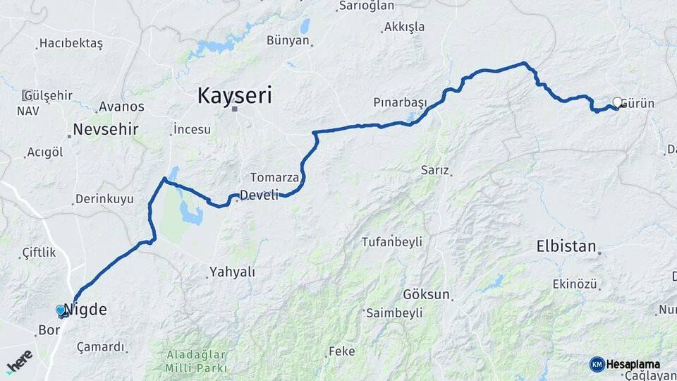 Niğde Gürün Sivas Arası Kaç Km - Yol Haritası