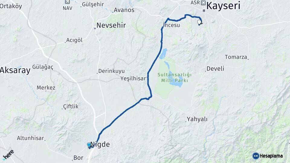 Niğde Hacılar Kayseri Arası Kaç Km - Yol Haritası