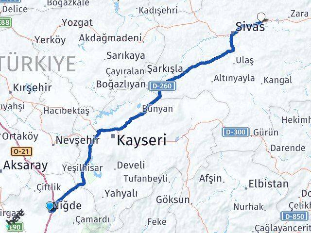 Niğde Hafik Sivas Arası Kaç Km - Yol Haritası